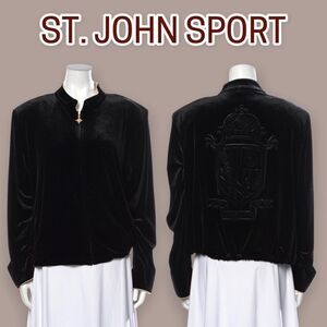 NWT ST. JOHN SPORT Black Velour Evening Crest Track Jacket XL